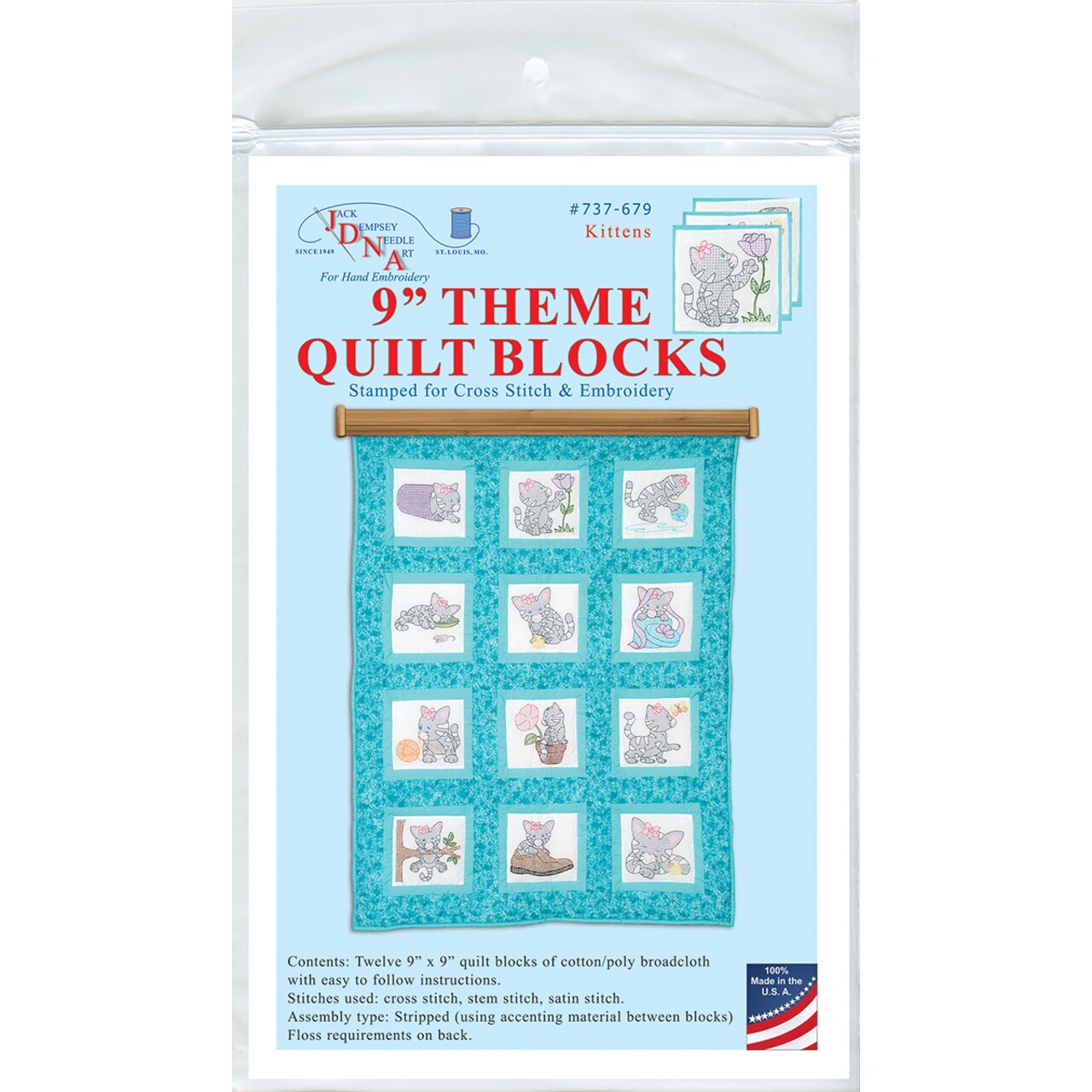Jack Dempsey Themed Stamped White Quilt Blocks 9"X9" 12/Pkg-Kittens